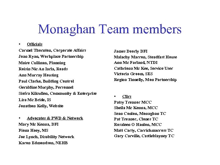 Monaghan Team members • Officials Carmel Thornton, Corporate Affairs Joan Ryan, Workplace Partnership Maire