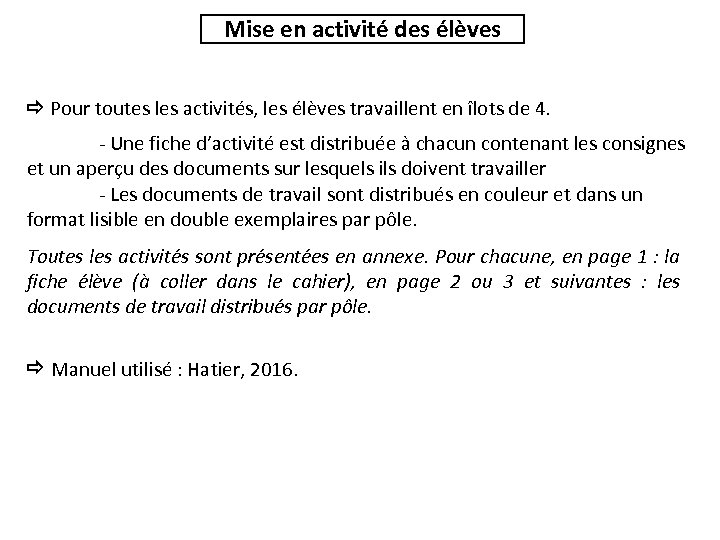 Mise en activité des élèves Pour toutes les activités, les élèves travaillent en îlots