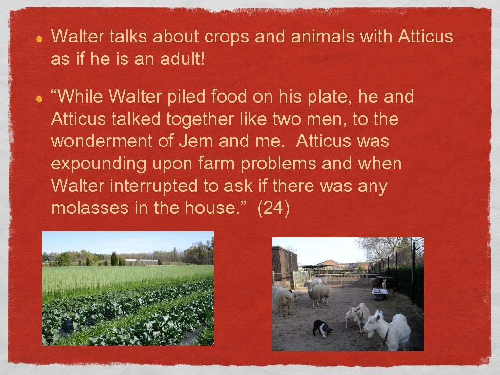 Walter talks about crops and animals with Atticus as if he is an adult!