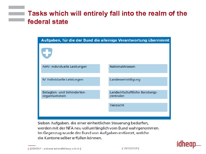 Tasks which will entirely fall into the realm of the federal state | ©IDHEAP
