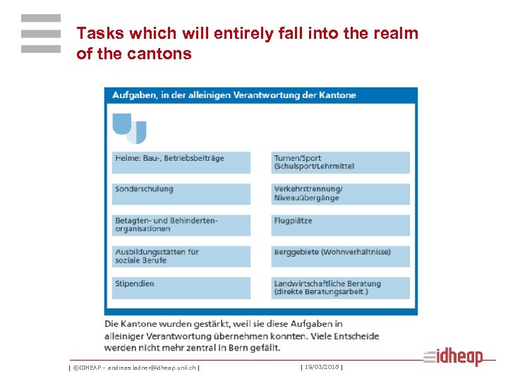 Tasks which will entirely fall into the realm of the cantons | ©IDHEAP –