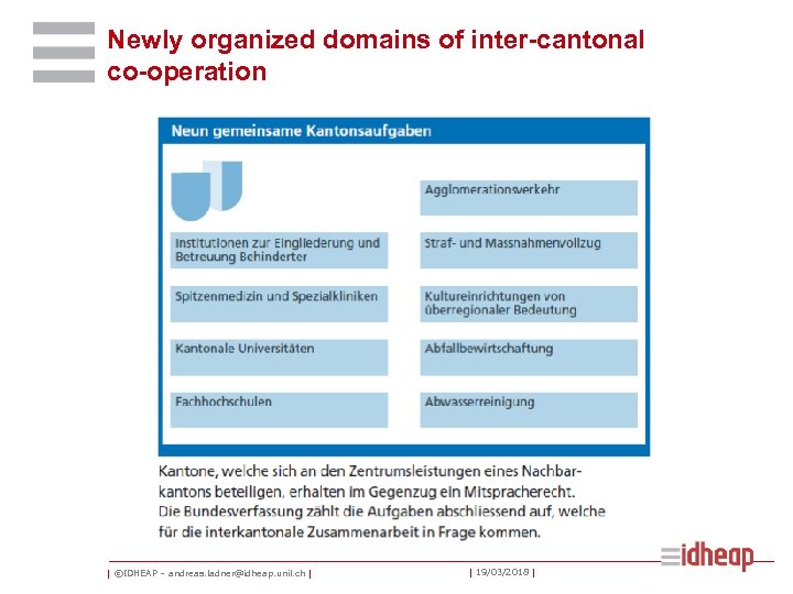 Newly organized domains of inter-cantonal co-operation | ©IDHEAP – andreas. ladner@idheap. unil. ch |