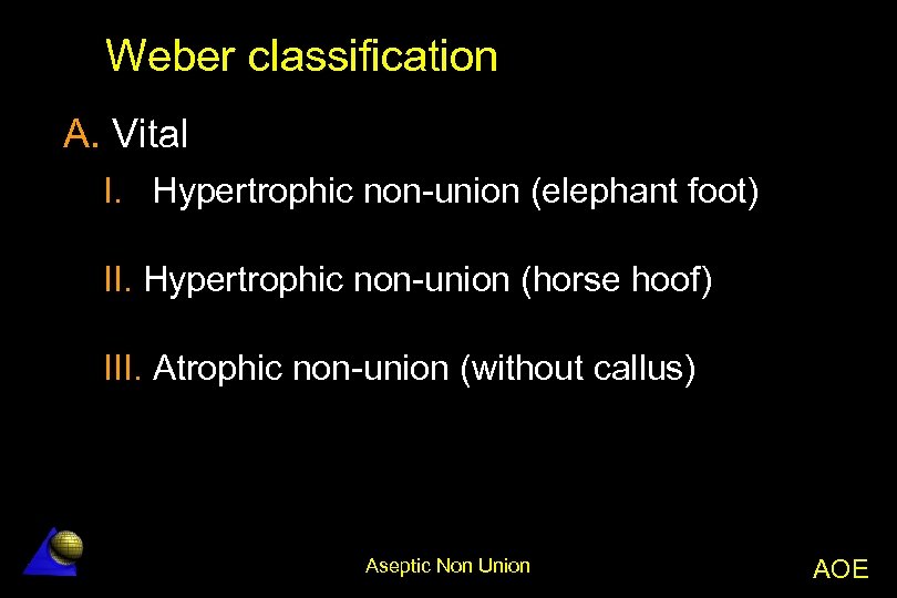 Weber classification A. Vital I. Hypertrophic non-union (elephant foot) II. Hypertrophic non-union (horse hoof)