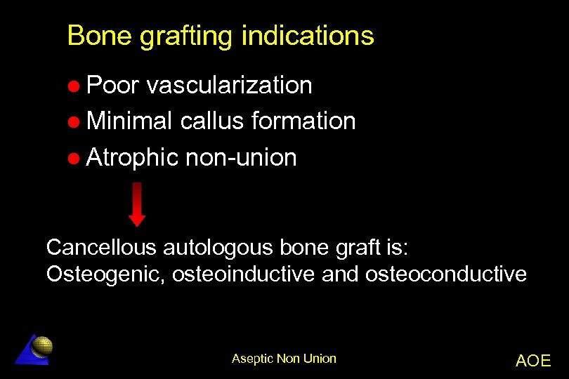 Bone grafting indications l Poor vascularization l Minimal callus formation l Atrophic non-union Cancellous