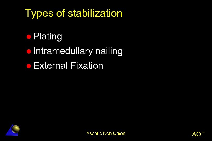 Types of stabilization l Plating l Intramedullary l External nailing Fixation Aseptic Non Union