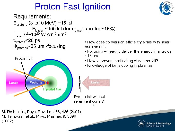 Proton Fast Ignition Requirements: Eprotons (3 to 10 Me. V) ~15 k. J ELaser
