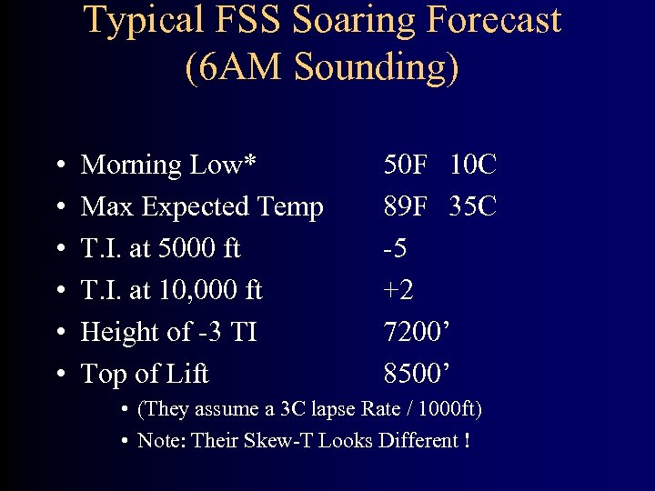Typical FSS Soaring Forecast (6 AM Sounding) • • • Morning Low* Max Expected