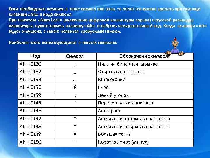 Если необходимо вставить в текст символ или знак, то легко это можно сделать при