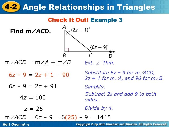 4 -2 Angle Relationships in Triangles Check It Out! Example 3 Find m ACD