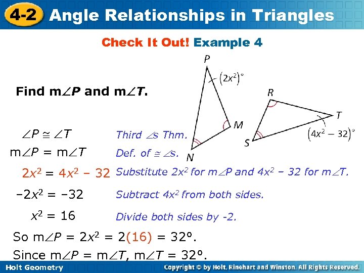 4 -2 Angle Relationships in Triangles Check It Out! Example 4 Find m P