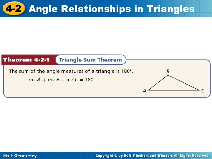4 -2 Angle Relationships in Triangles Holt Geometry 
