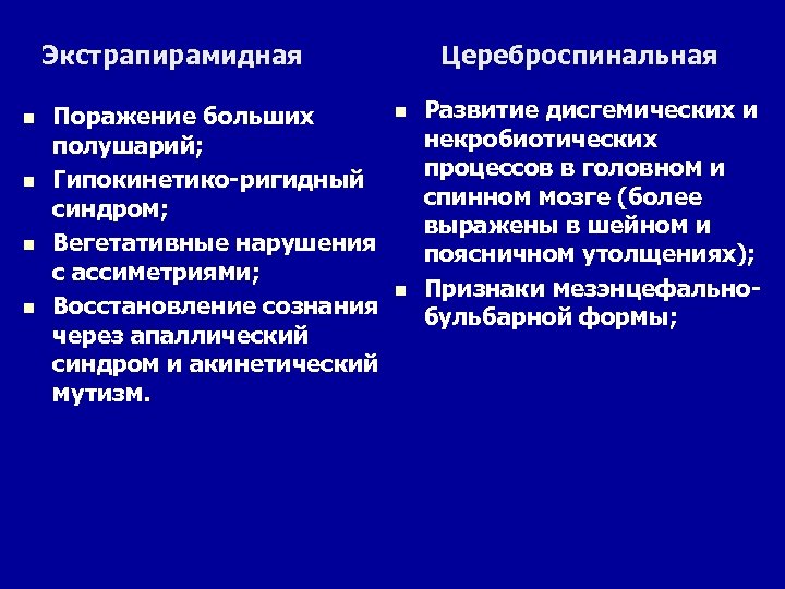Экстрапирамидная Цереброспинальная n n Поражение больших полушарий; Гипокинетико-ригидный синдром; Вегетативные нарушения с ассиметриями; Восстановление