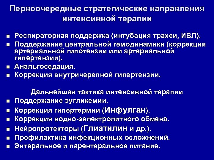 Первоочередные стратегические направления интенсивной терапии n n n n n Респираторная поддержка (интубация трахеи,