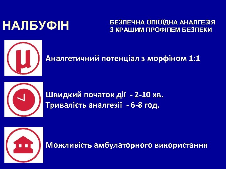 НАЛБУФІН БЕЗПЕЧНА ОПІОЇДНА АНАЛГЕЗІЯ З КРАЩИМ ПРОФІЛЕМ БЕЗПЕКИ Аналгетичний потенціал з морфіном 1: 1