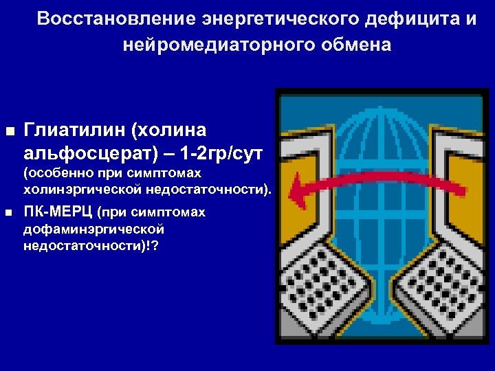 Восстановление энергетического дефицита и нейромедиаторного обмена n Глиатилин (холина альфосцерат) – 1 -2 гр/сут