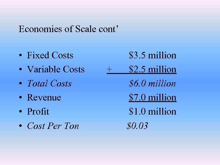 Economies of Scale cont’ • • • Fixed Costs Variable Costs Total Costs Revenue