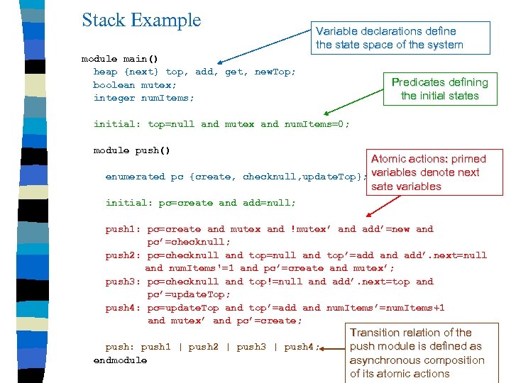 Stack Example Variable declarations define the state space of the system module main() heap
