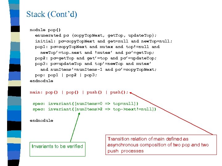 Stack (Cont’d) module pop() enumerated pc {copy. Top. Next, get. Top, update. Top}; initial: