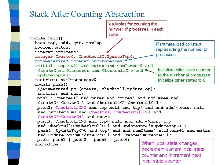 Stack After Counting Abstraction Variables for counting the number of processes in each state