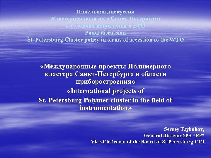 Панельная дискуссия Кластерная политика Санкт-Петербурга в условиях вступления в ВТО Panel discussion St. Petersburg