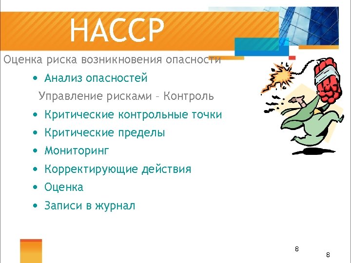 HACCP Оценка риска возникновения опасности • Анализ опасностей Управление рисками – Контроль • •