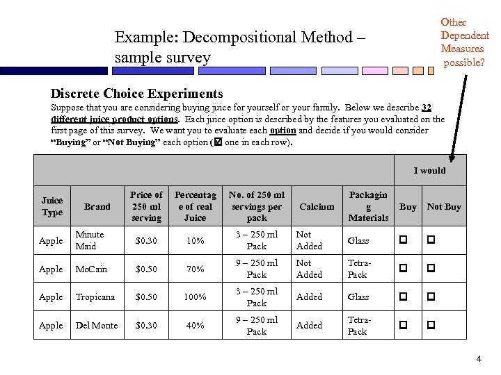 Other Dependent Measures possible? Example: Decompositional Method – sample survey Discrete Choice Experiments Suppose