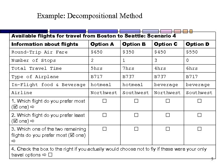 Example: Decompositional Method Available flights for travel from Boston to Seattle: Scenario 4 Information