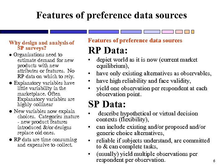 Features of preference data sources Why design and analysis of SP surveys? ● Organisations