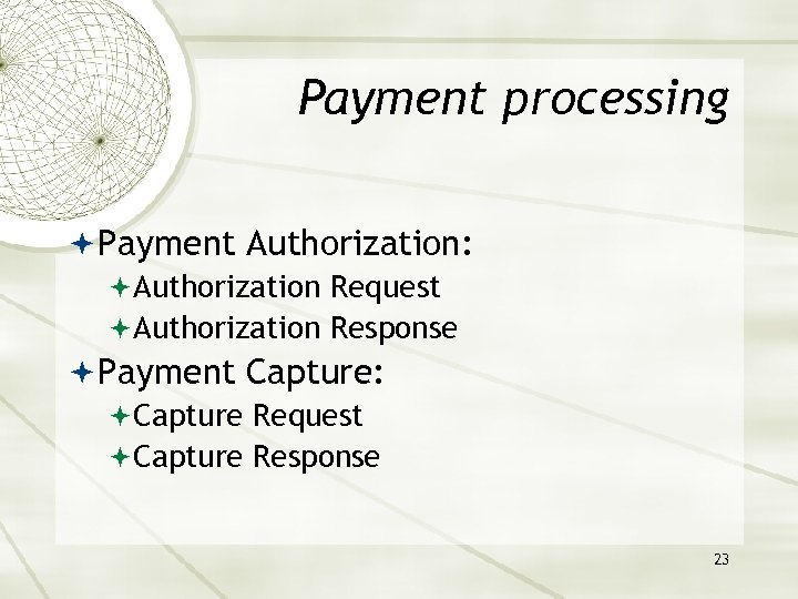 Payment processing Payment Authorization: Authorization Request Authorization Response Payment Capture: Capture Request Capture Response