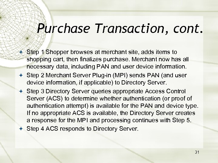 Purchase Transaction, cont. Step 1 Shopper browses at merchant site, adds items to shopping