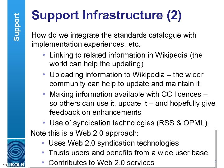 Support 16 Support Infrastructure (2) How do we integrate the standards catalogue with implementation