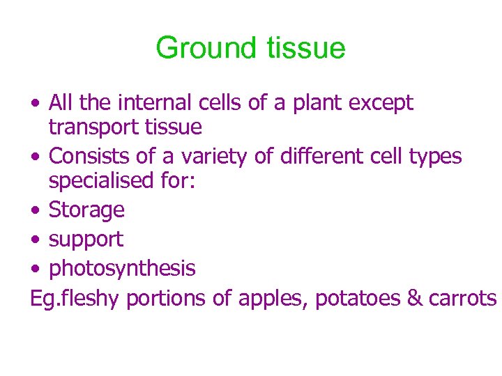 Ground tissue • All the internal cells of a plant except transport tissue •