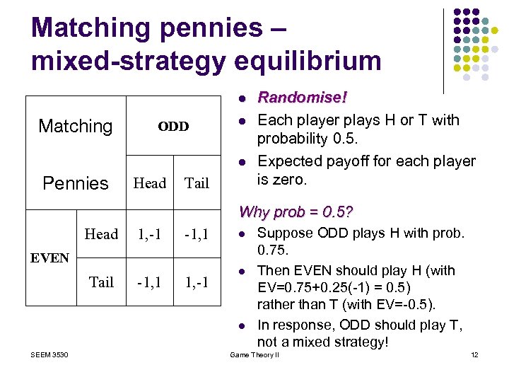 Matching pennies – mixed-strategy equilibrium l Matching ODD l l Pennies Head Tail Randomise!