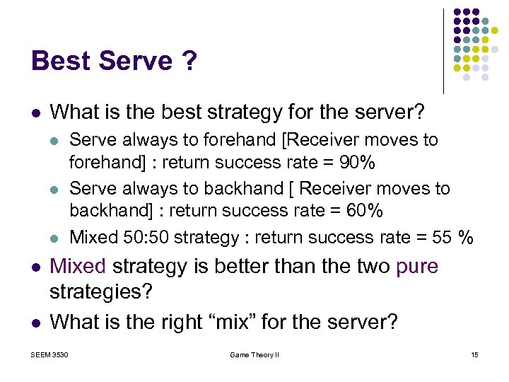 Best Serve ? l What is the best strategy for the server? l l