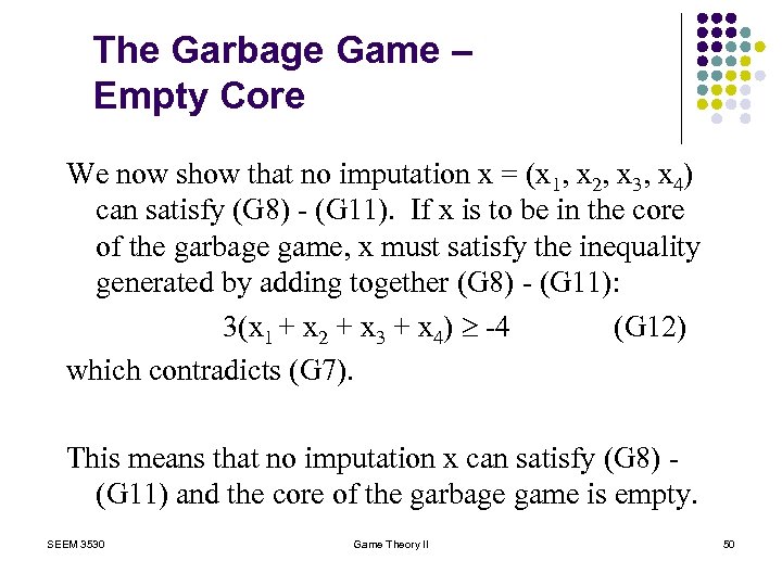 The Garbage Game – Empty Core We now show that no imputation x =