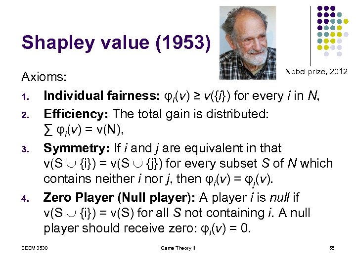 Shapley value (1953) Nobel prize, 2012 Axioms: 1. Individual fairness: φi(v) ≥ v({i}) for