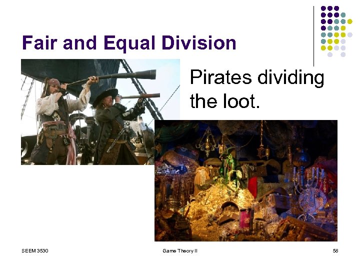 Fair and Equal Division Pirates dividing the loot. SEEM 3530 Game Theory II 58