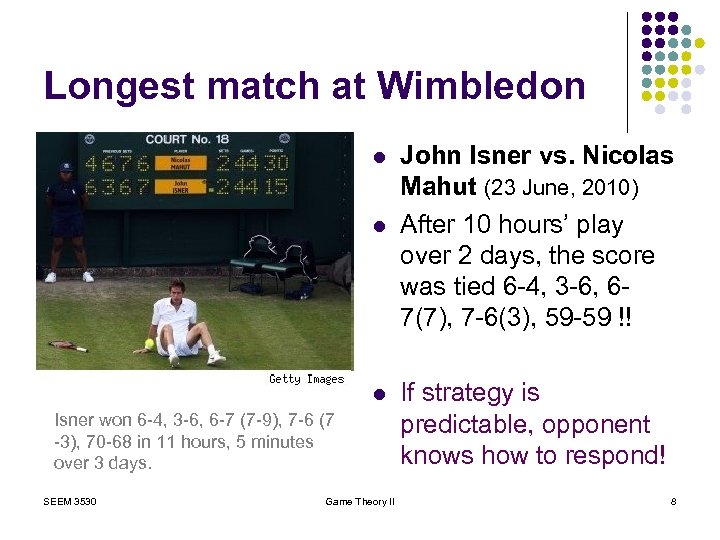 Longest match at Wimbledon l l l Isner won 6 -4, 3 -6, 6