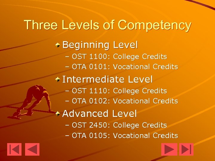 Three Levels of Competency Beginning Level – OST 1100: College Credits – OTA 0101: