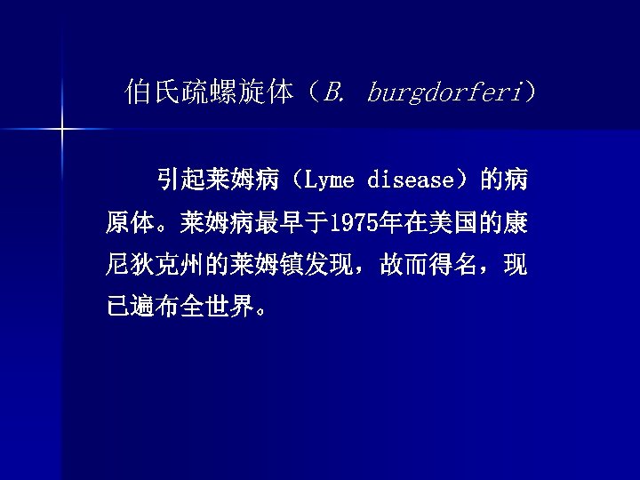 伯氏疏螺旋体（B. burgdorferi） 引起莱姆病（Lyme disease）的病 原体。莱姆病最早于1975年在美国的康 尼狄克州的莱姆镇发现，故而得名，现 已遍布全世界。 