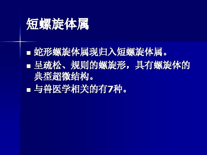 短螺旋体属 蛇形螺旋体属现归入短螺旋体属。 n 呈疏松、规则的螺旋形，具有螺旋体的 典型超微结构。 n 与兽医学相关的有7种。 n 