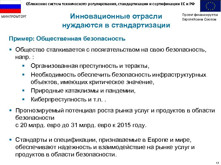 Сближение систем технического регулирования, стандартизации и сертификации ЕС и РФ МИНПРОМТОРГ Инновационные отрасли нуждаются