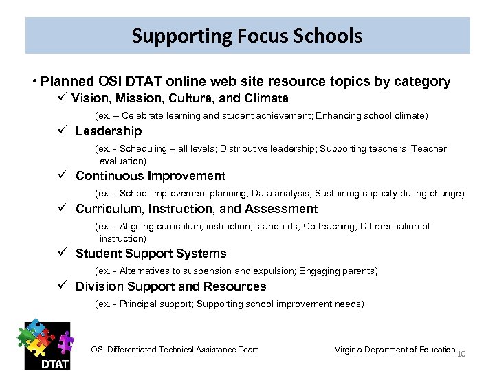 Supporting Focus Schools • Planned OSI DTAT online web site resource topics by category