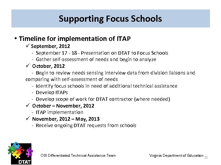 Supporting Focus Schools • Timeline for implementation of ITAP ü September, 2012 - September