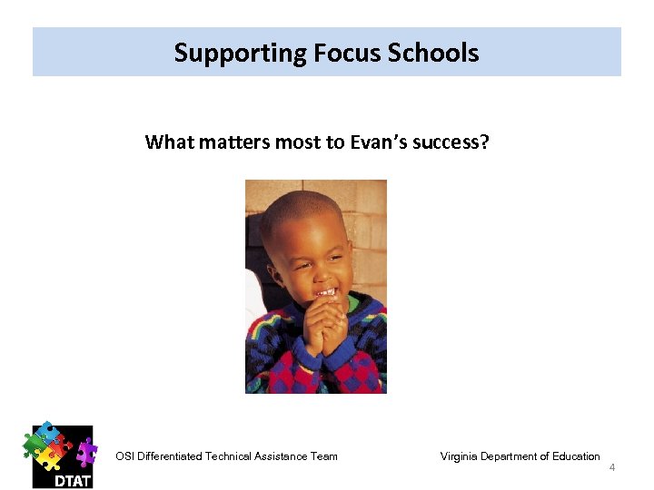 Supporting Focus Schools What matters most to Evan’s success? OSI Differentiated Technical Assistance Team