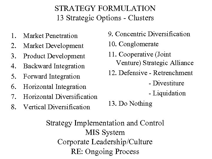 STRATEGY FORMULATION 13 Strategic Options - Clusters 1. 2. 3. 4. 5. 6. 7.