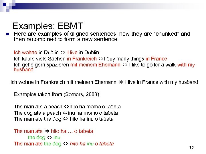 Examples: EBMT n Here are examples of aligned sentences, how they are “chunked” and