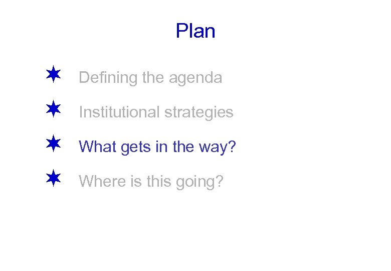 Plan ¬ ¬ Defining the agenda Institutional strategies What gets in the way? Where
