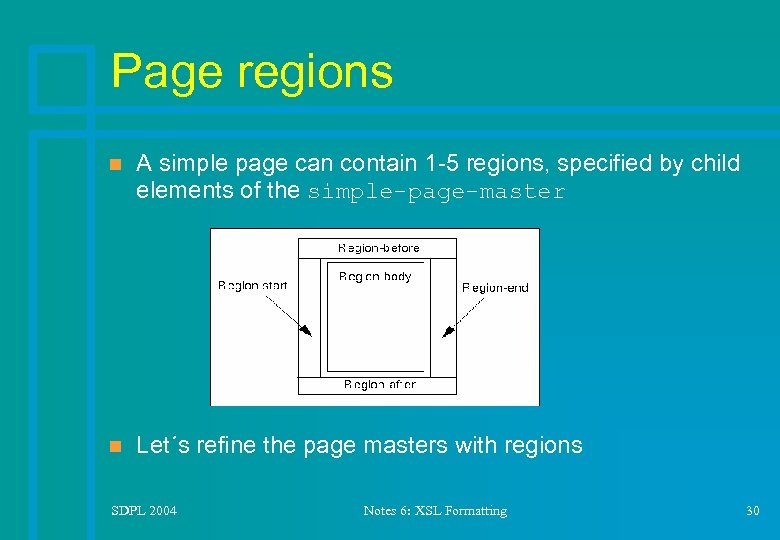 Page regions n A simple page can contain 1 -5 regions, specified by child