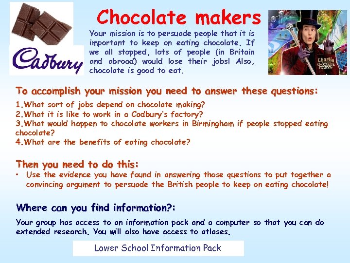 Chocolate makers Your mission is to persuade people that it is important to keep